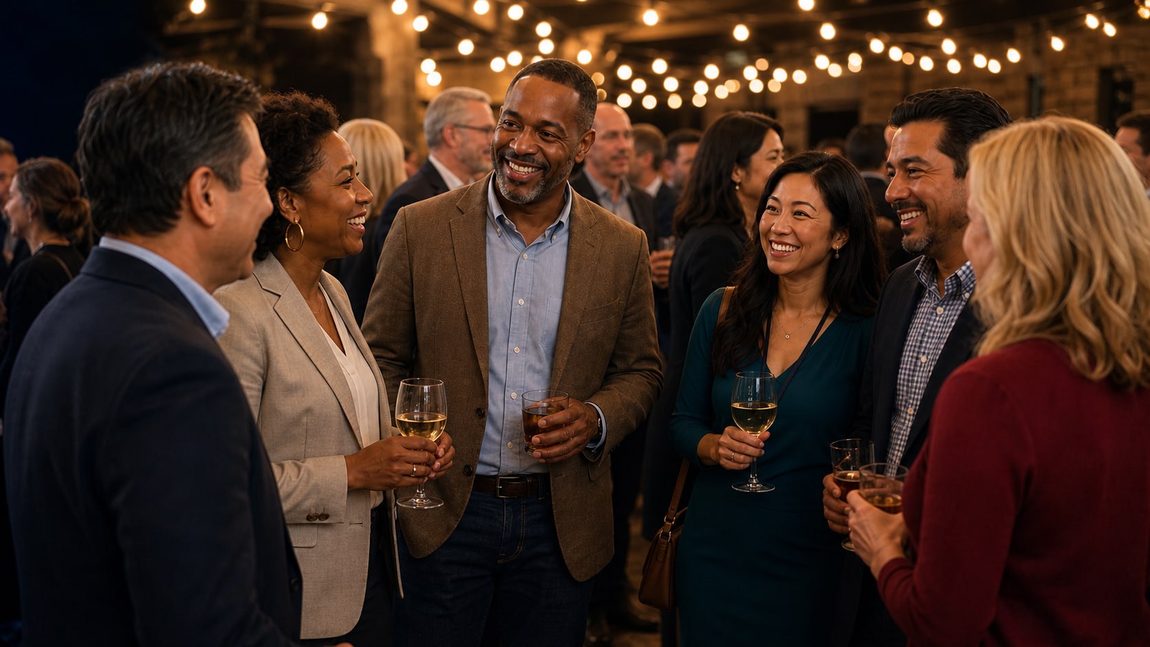 Promotional artwork showing a diverse group talking together at an evening candidate event