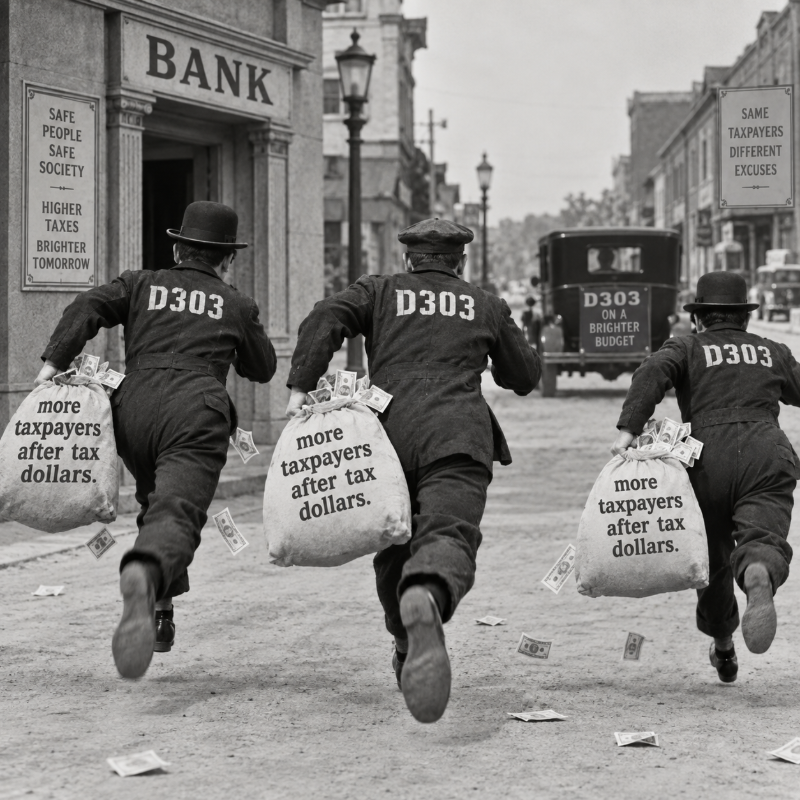 Black-and-white satirical illustration of figures in D303 jackets carrying money sacks